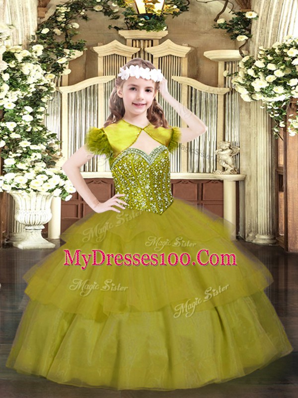 Olive Green Sleeveless Beading and Ruffled Layers Floor Length Pageant Dress for Womens