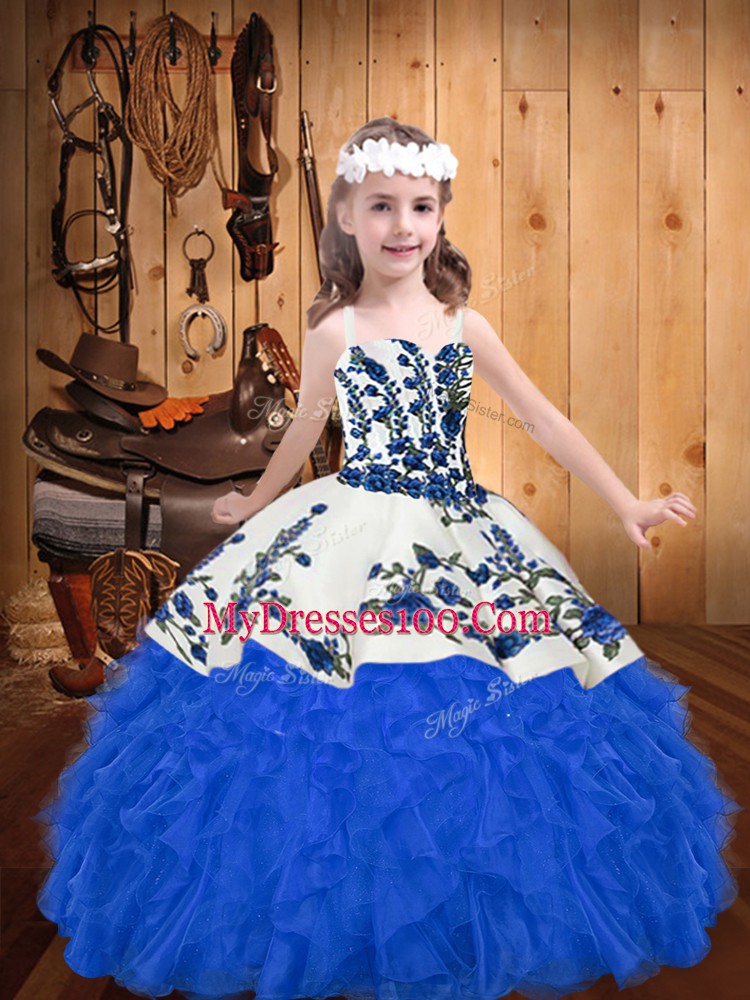 Perfect Organza Straps Sleeveless Lace Up Embroidery and Ruffles Little Girls Pageant Dress Wholesale in Blue