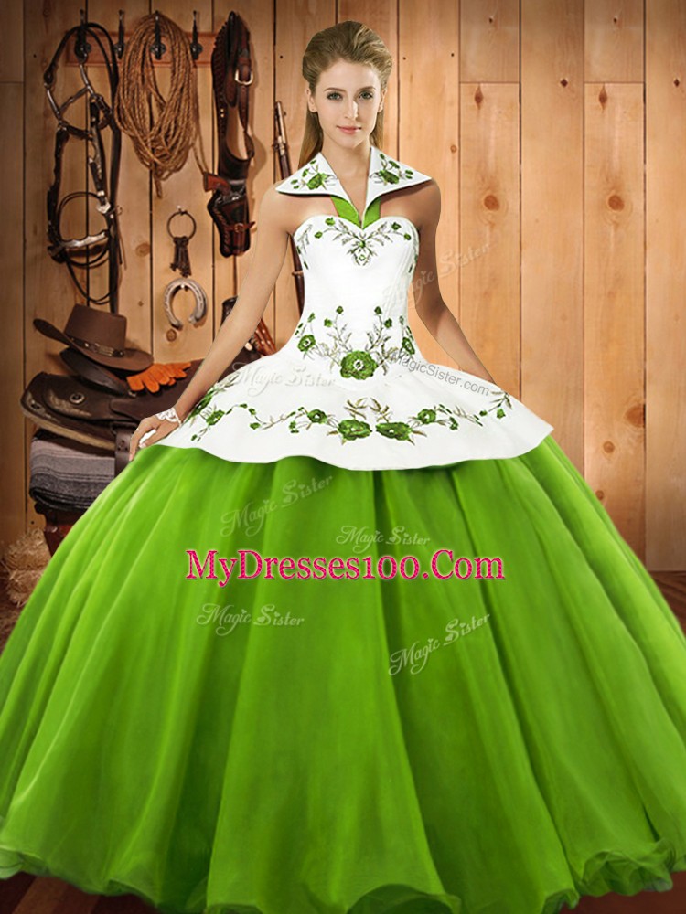 Lace Up Halter Top Embroidery Sweet 16 Dresses Satin and Tulle Sleeveless