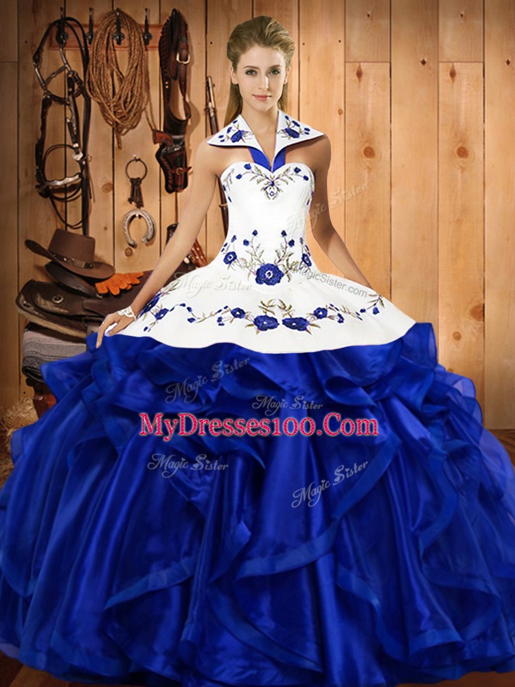 Royal Blue Sleeveless Satin and Organza Lace Up Ball Gown Prom Dress for Military Ball and Sweet 16 and Quinceanera