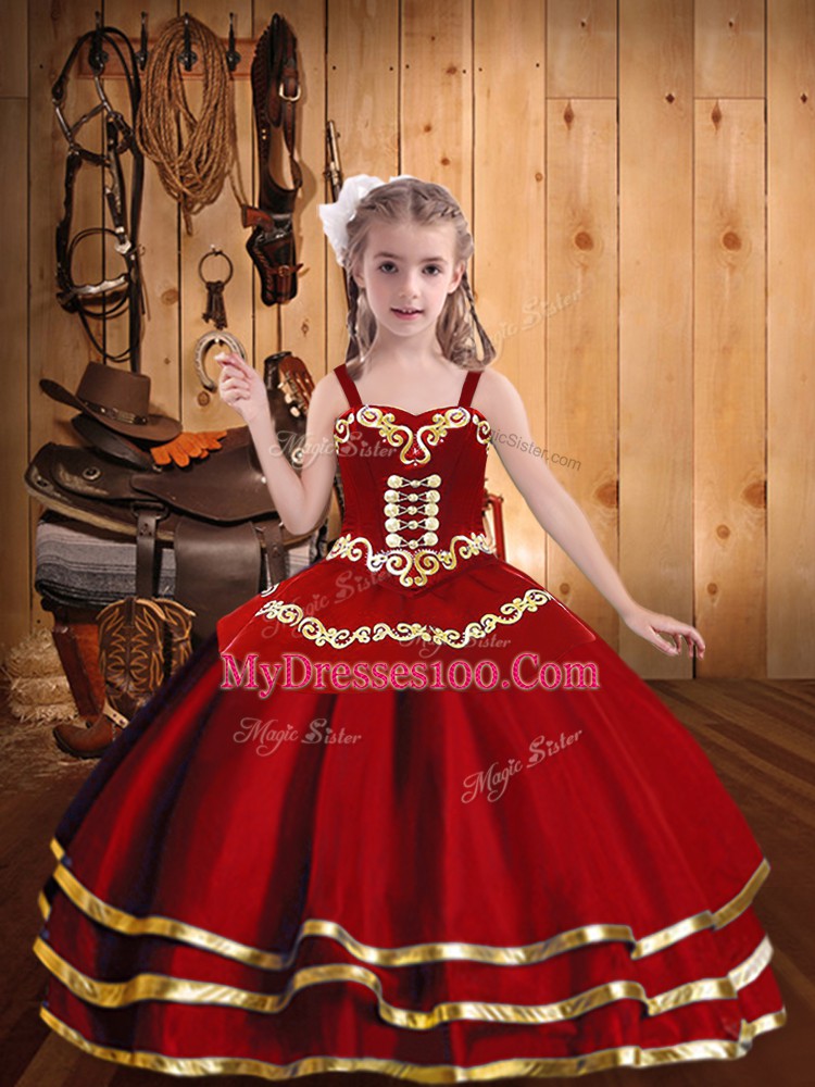 Red Sleeveless Embroidery and Ruffled Layers Floor Length Girls Pageant Dresses