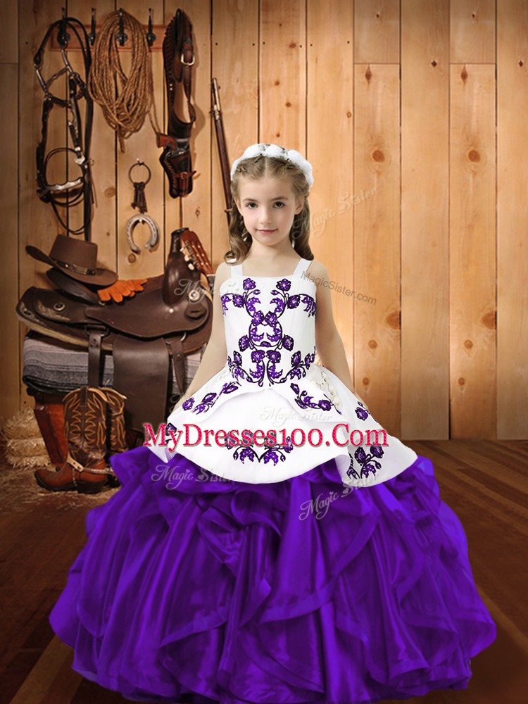 Eggplant Purple Organza Lace Up Straps Sleeveless Floor Length Child Pageant Dress Embroidery and Ruffles