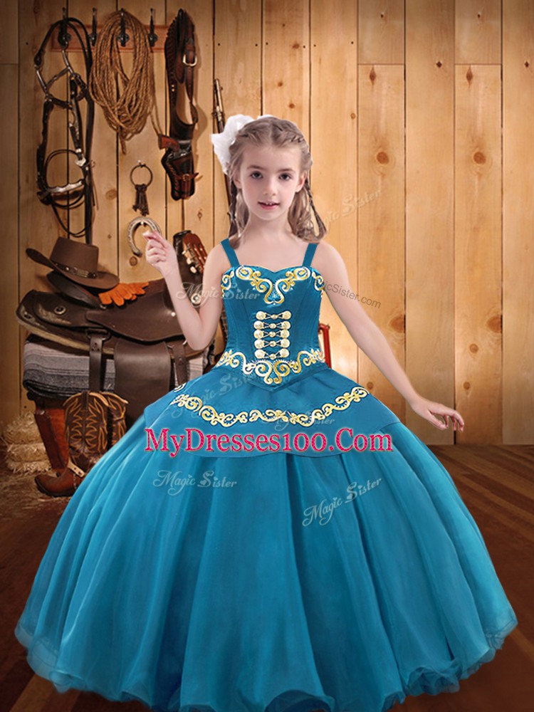 Sleeveless Floor Length Embroidery and Ruffles Lace Up Kids Pageant Dress with Teal