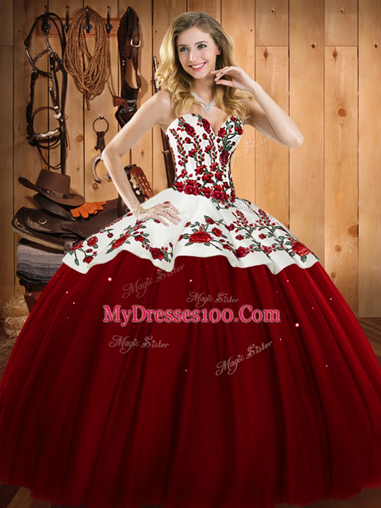 Extravagant Floor Length Lace Up Quinceanera Gown Wine Red for Military Ball and Sweet 16 and Quinceanera with Embroidery
