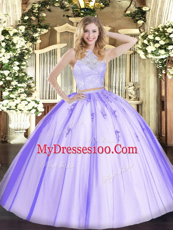 Luxury Lavender Tulle Zipper Quinceanera Dresses Sleeveless Floor Length Lace and Appliques