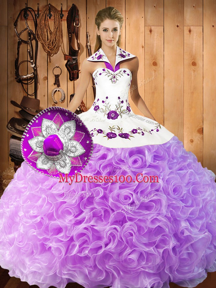 Dynamic Lilac Halter Top Lace Up Embroidery Quinceanera Dress Sleeveless