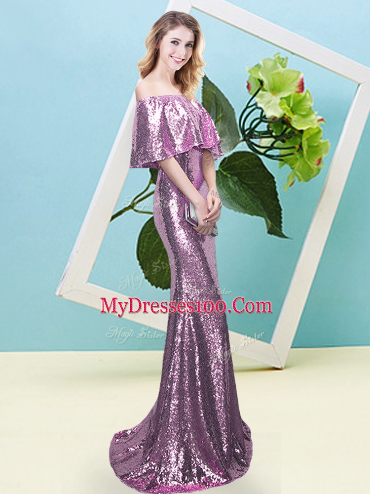 Lilac Half Sleeves Floor Length Sequins Zipper Evening Dress