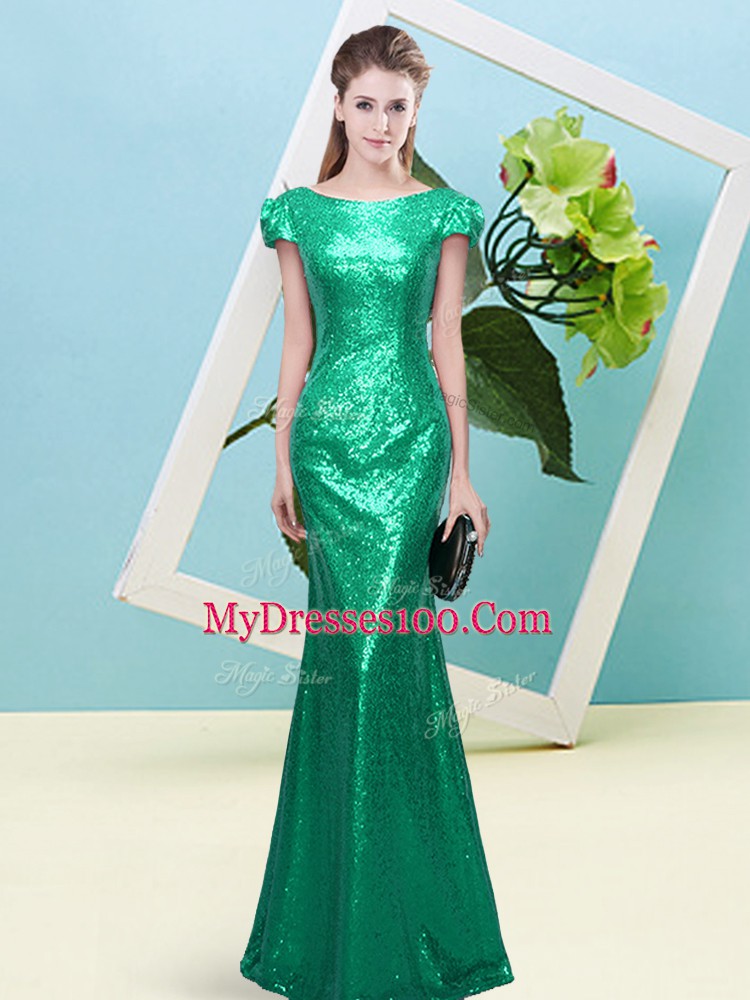 Floor Length Turquoise Dress for Prom Sequined Cap Sleeves Sequins