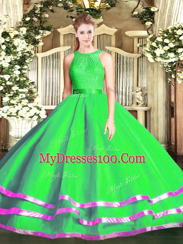 Glamorous Green Ball Gowns Scoop Sleeveless Tulle Floor Length Zipper Lace Quinceanera Gown