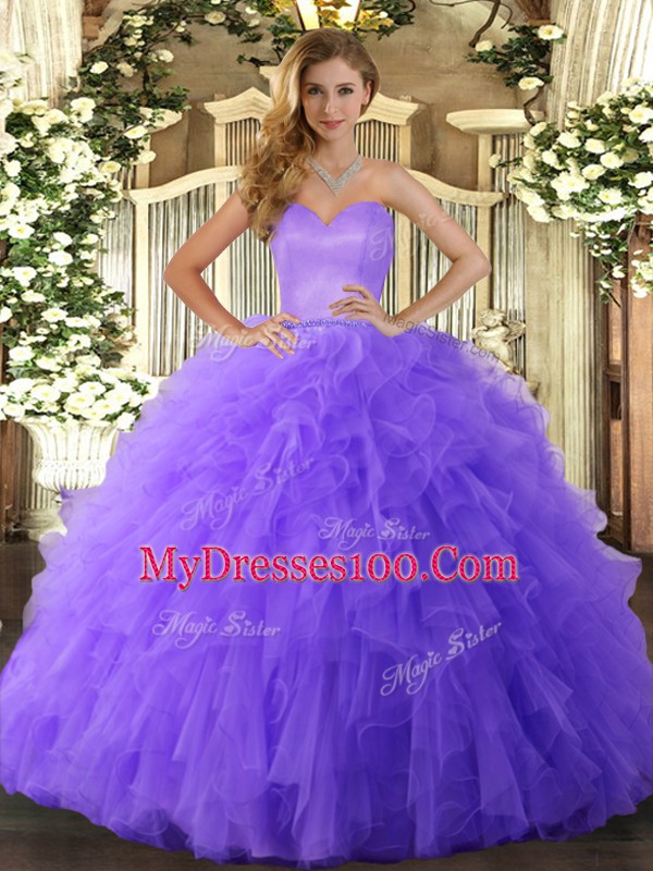 Ball Gowns 15th Birthday Dress Lavender Sweetheart Tulle Sleeveless Floor Length Lace Up