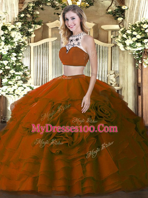 Brown Sleeveless Tulle Backless Vestidos de Quinceanera for Military Ball and Sweet 16 and Quinceanera