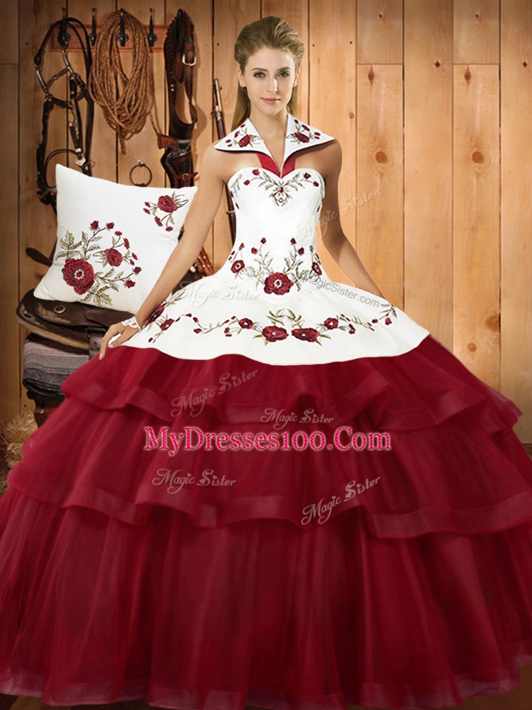 Fantastic With Train Wine Red Vestidos de Quinceanera Satin and Organza Sweep Train Sleeveless Embroidery and Ruffled Layers