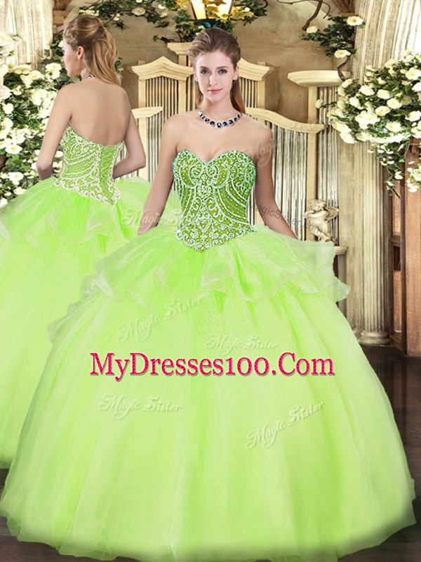 Amazing Yellow Green Sweetheart Neckline Beading and Ruffles Quinceanera Gowns Sleeveless Lace Up