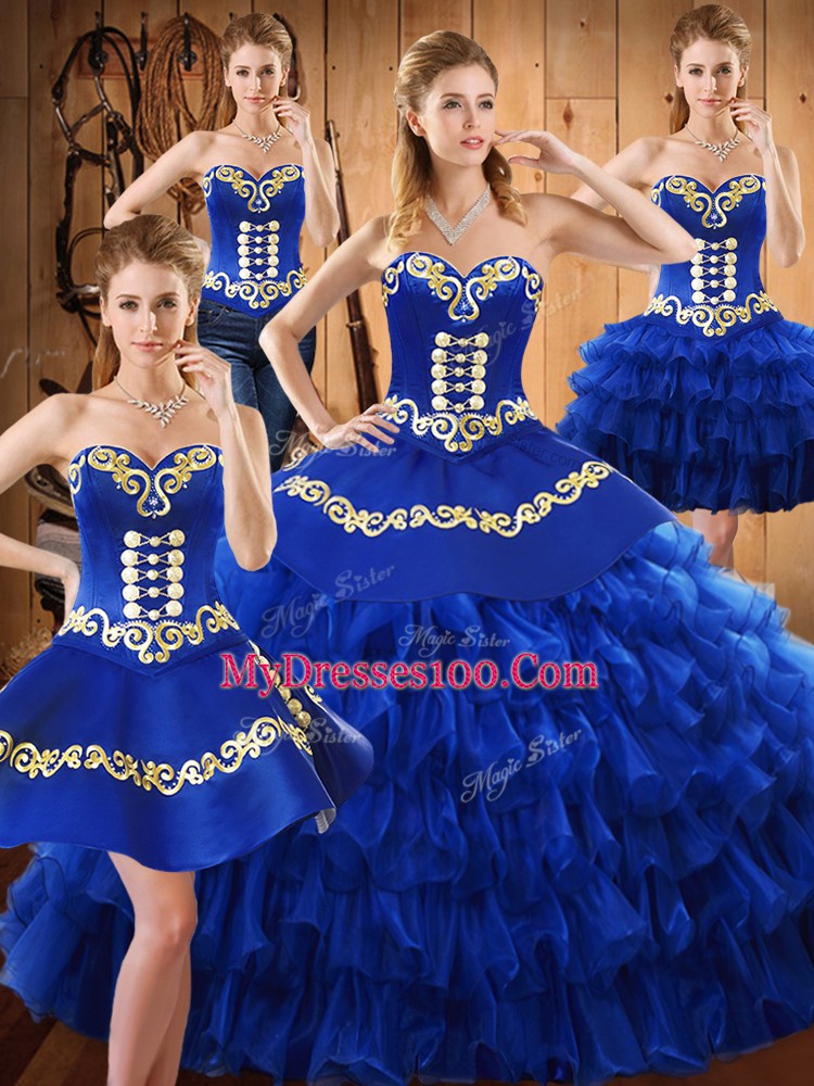 Glorious Blue Sweetheart Neckline Embroidery and Ruffled Layers Quinceanera Dress Sleeveless Lace Up