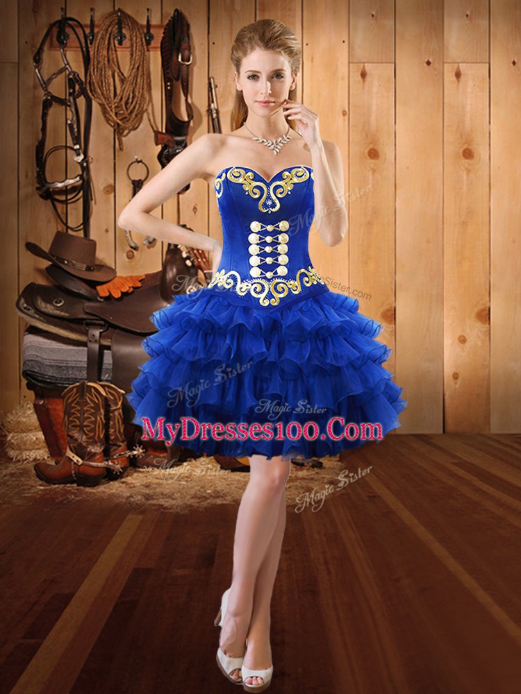 Glorious Blue Sweetheart Neckline Embroidery and Ruffled Layers Quinceanera Dress Sleeveless Lace Up