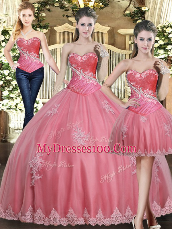 Fine Rose Pink Sleeveless Floor Length Beading and Appliques Lace Up 15 Quinceanera Dress