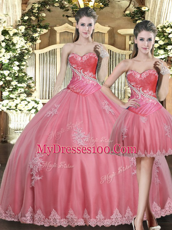 Fine Rose Pink Sleeveless Floor Length Beading and Appliques Lace Up 15 Quinceanera Dress