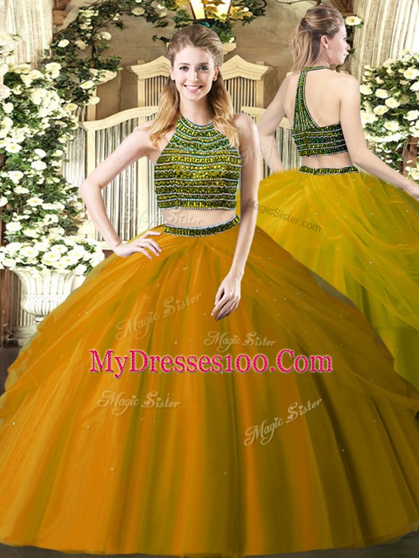 Superior Brown Zipper Halter Top Beading 15 Quinceanera Dress Tulle Sleeveless