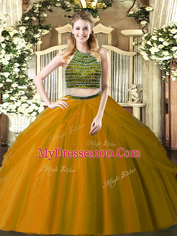 Superior Brown Zipper Halter Top Beading 15 Quinceanera Dress Tulle Sleeveless