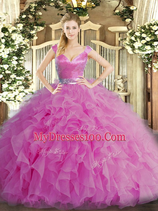 Lilac Organza Zipper Quinceanera Dresses Sleeveless Floor Length Ruffles