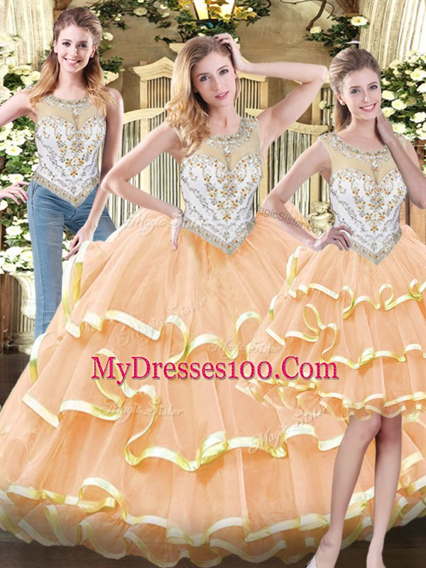 Floor Length Zipper Sweet 16 Dress Peach for Military Ball and Sweet 16 and Quinceanera with Beading and Ruffled Layers