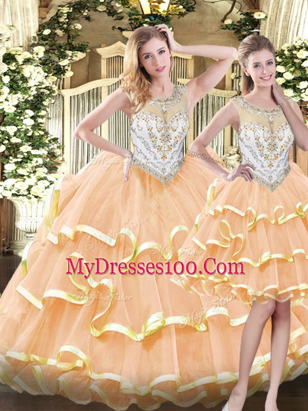 Floor Length Zipper Sweet 16 Dress Peach for Military Ball and Sweet 16 and Quinceanera with Beading and Ruffled Layers