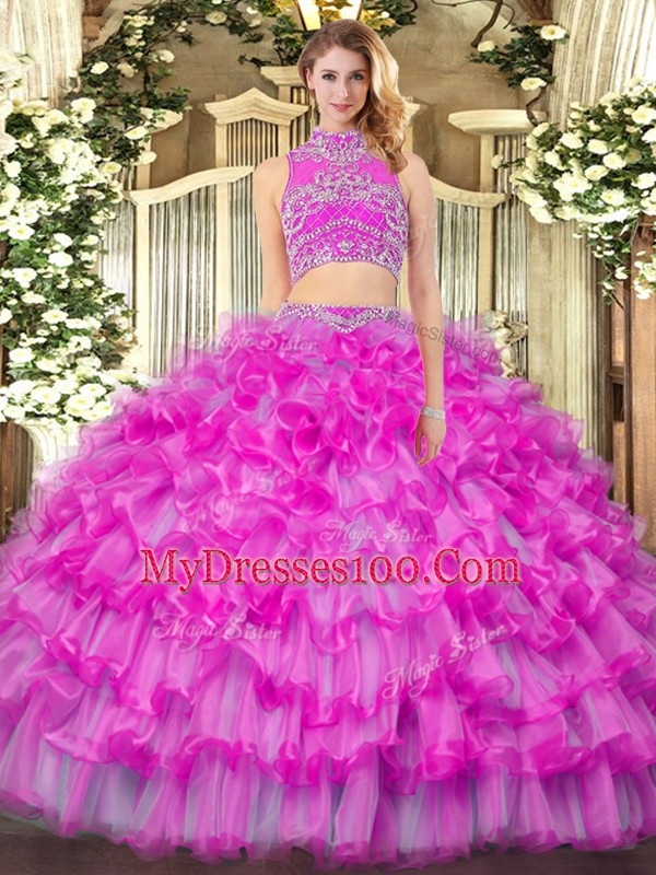Flare Floor Length Lilac Quinceanera Dress Tulle Sleeveless Beading and Ruffled Layers