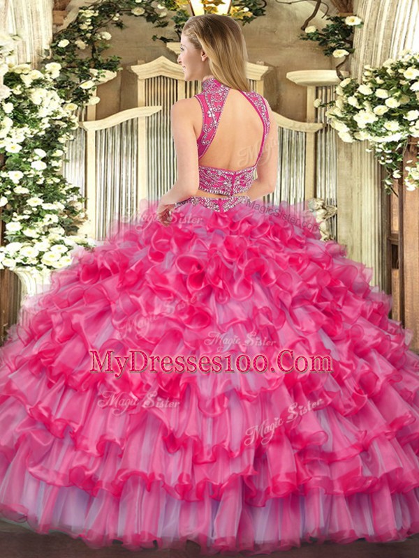 Flare Floor Length Lilac Quinceanera Dress Tulle Sleeveless Beading and Ruffled Layers