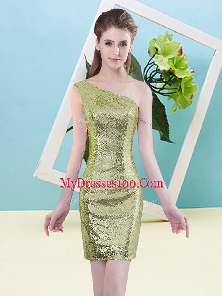 Edgy One Shoulder Sleeveless Dress for Prom Mini Length Sequins Yellow Green Sequined