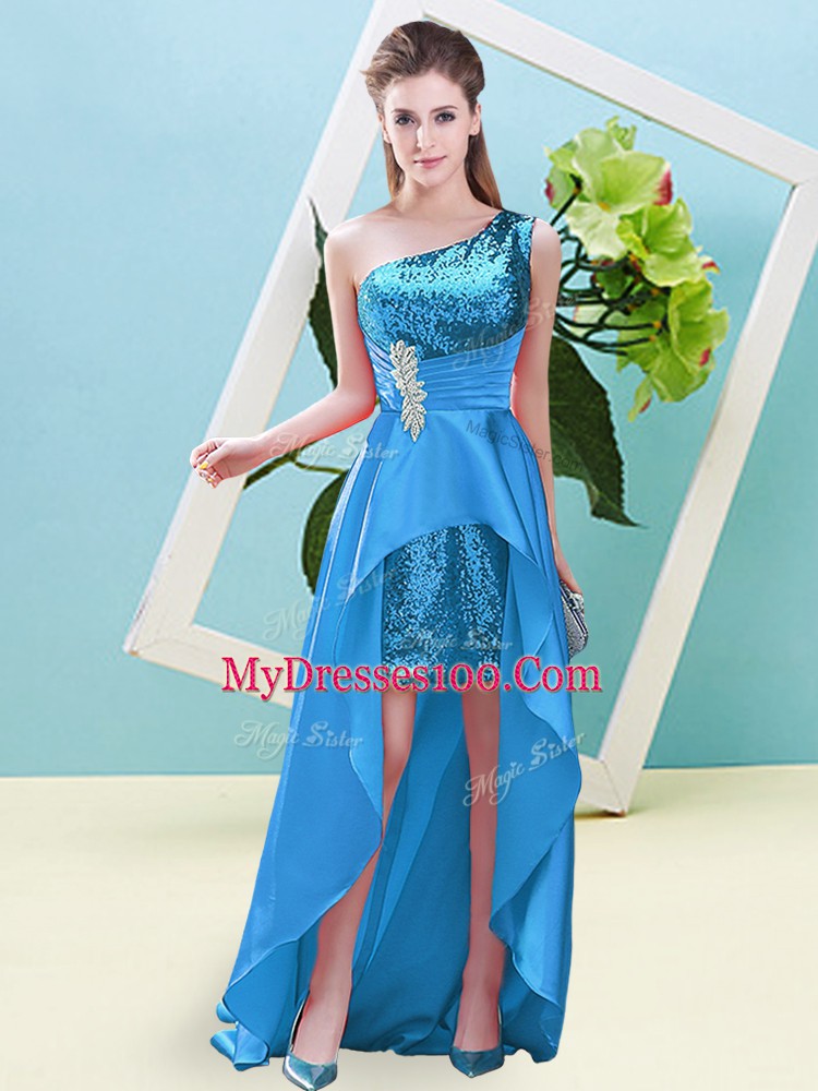 Unique High Low Baby Blue Evening Outfits Elastic Woven Satin and Sequined Sleeveless Beading and Sequins