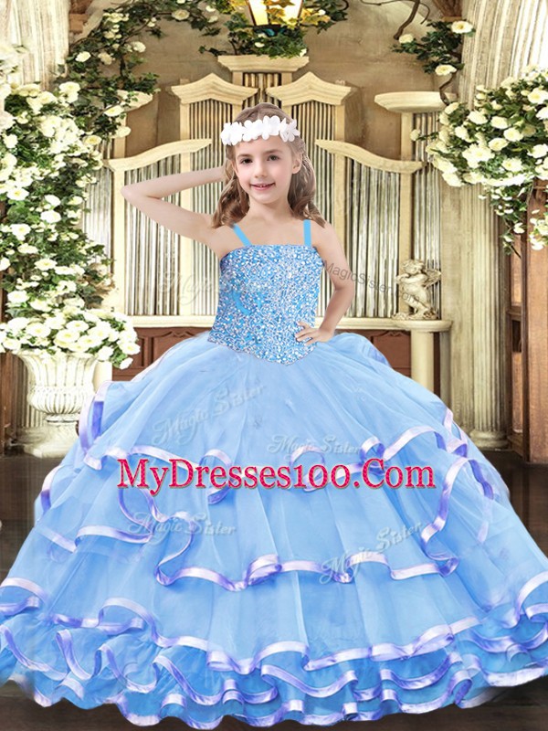 Best Aqua Blue Lace Up Straps Beading and Ruffled Layers Kids Pageant Dress Organza Sleeveless