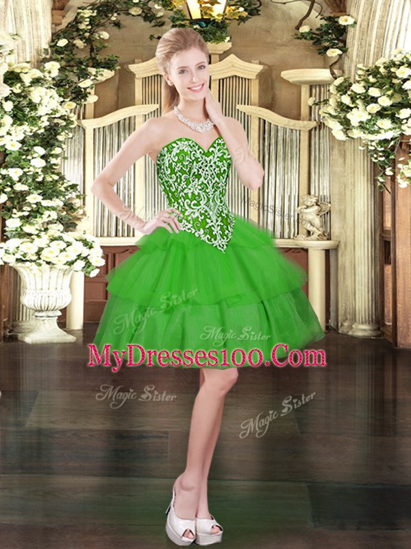 Fitting Sweetheart Sleeveless Dress for Prom Mini Length Beading and Ruffled Layers Green Organza