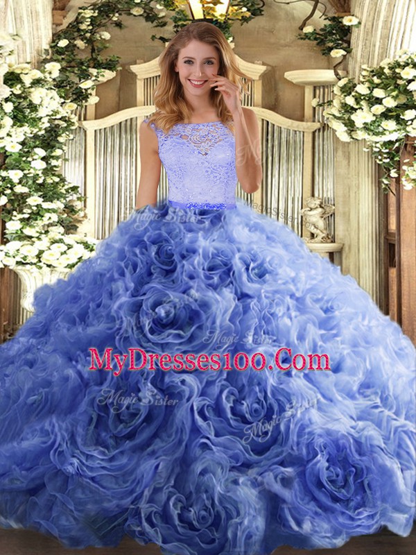 Organza and Fabric With Rolling Flowers Sleeveless Floor Length Quinceanera Gown and Beading and Lace