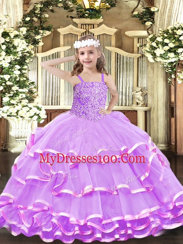 Lilac Organza Lace Up Straps Sleeveless Floor Length Child Pageant Dress Beading and Ruffled Layers