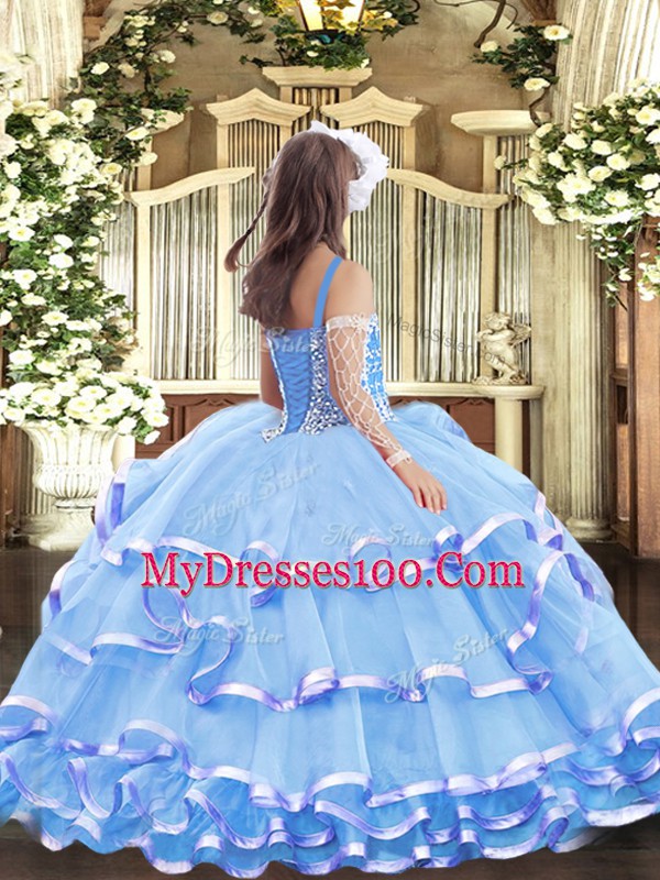 Lilac Organza Lace Up Straps Sleeveless Floor Length Child Pageant Dress Beading and Ruffled Layers