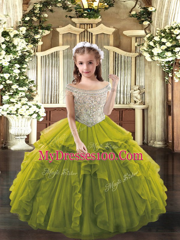 Great Floor Length Olive Green Little Girls Pageant Dress Off The Shoulder Sleeveless Lace Up
