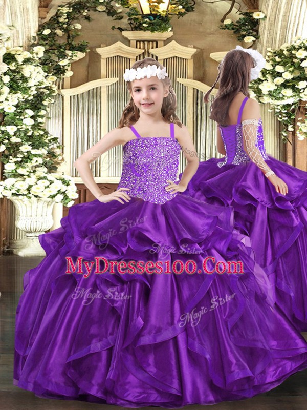 Superior Purple Lace Up Little Girl Pageant Dress Beading and Ruffles Sleeveless Floor Length