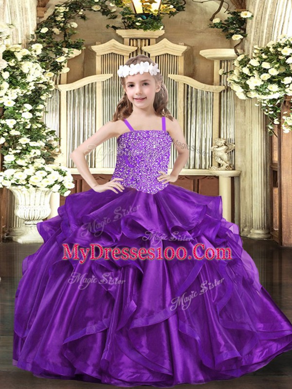 Superior Purple Lace Up Little Girl Pageant Dress Beading and Ruffles Sleeveless Floor Length