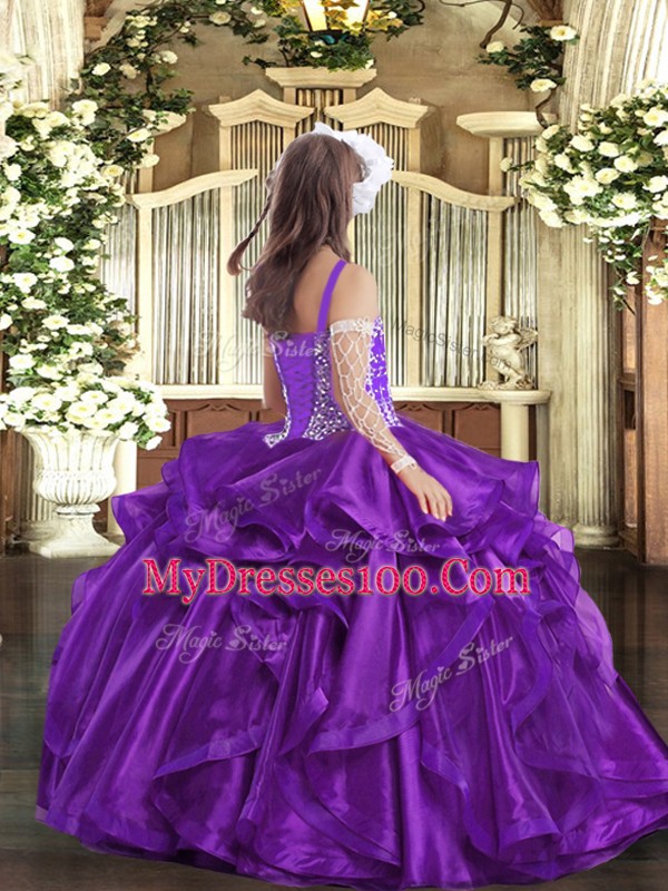 Superior Purple Lace Up Little Girl Pageant Dress Beading and Ruffles Sleeveless Floor Length