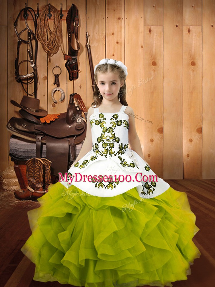 Olive Green Organza Lace Up Straps Sleeveless Floor Length Girls Pageant Dresses Embroidery and Ruffles