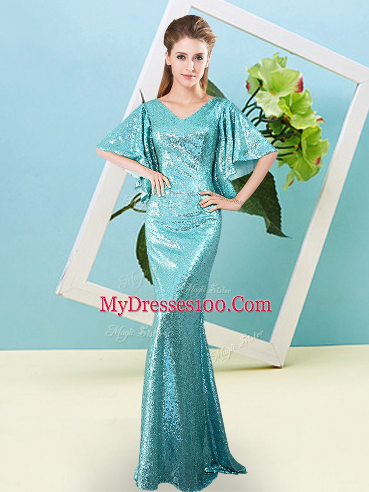 V-neck Half Sleeves Sequined Homecoming Dress Sequins Zipper