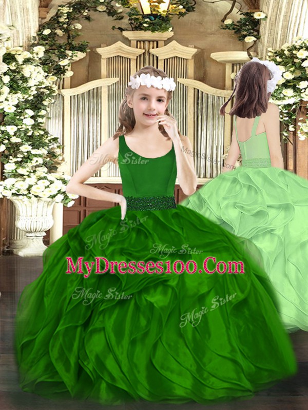 Organza Scoop Sleeveless Zipper Beading and Ruffles Kids Formal Wear in Dark Green