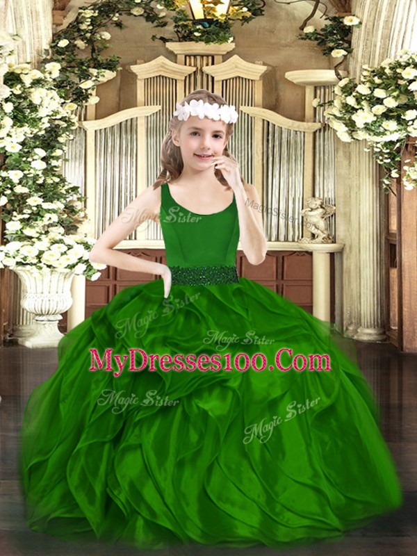 Organza Scoop Sleeveless Zipper Beading and Ruffles Kids Formal Wear in Dark Green