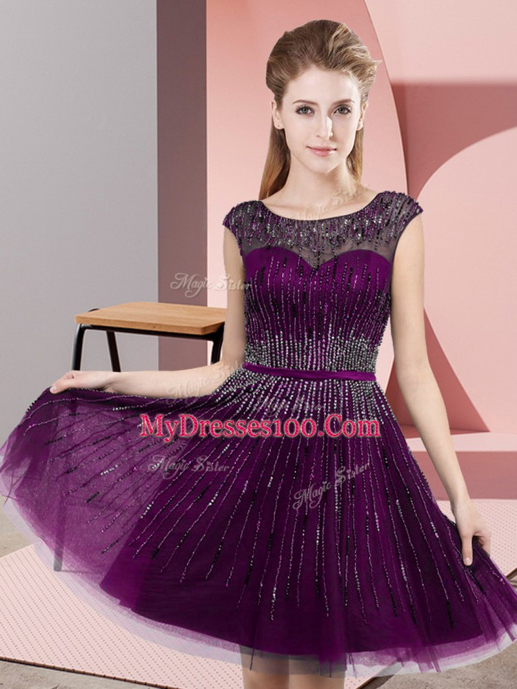 Sophisticated Knee Length Empire Sleeveless Dark Purple Party Dress for Girls Backless