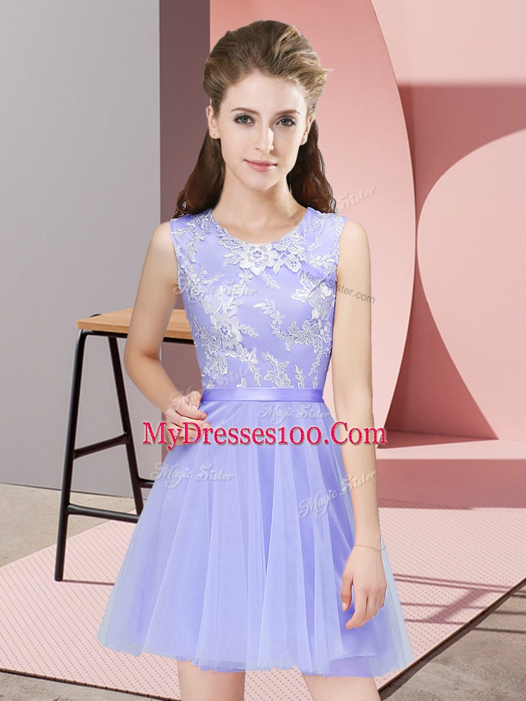 Lavender A-line Tulle Scoop Sleeveless Lace Mini Length Side Zipper Damas Dress