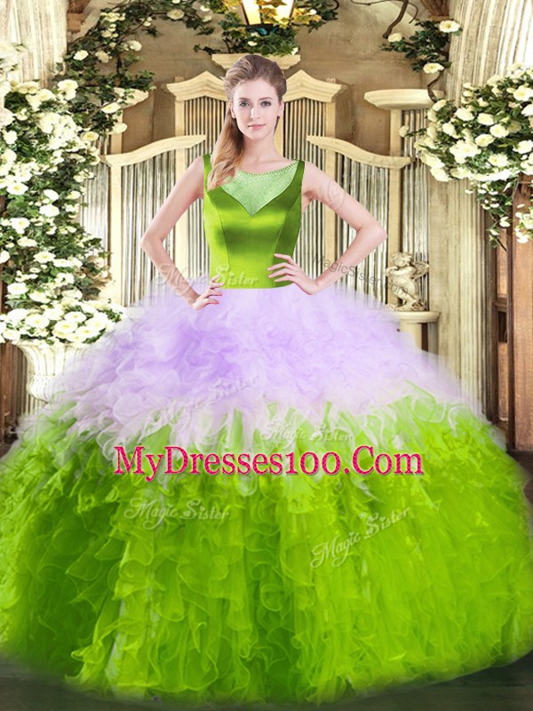Tulle Sleeveless Floor Length Sweet 16 Dresses and Beading and Ruffles