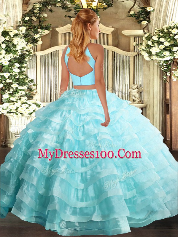 Chic Floor Length Light Blue Sweet 16 Dress Organza Sleeveless Beading and Ruffled Layers