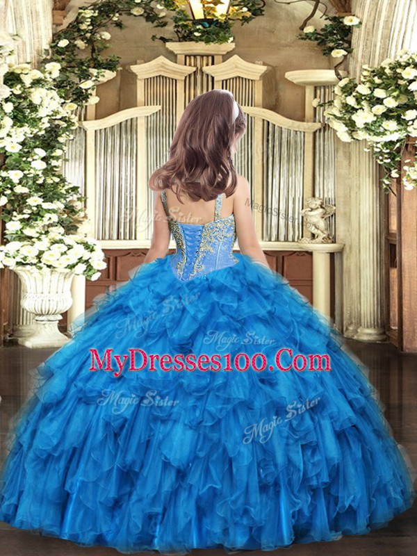 Sleeveless Floor Length Beading and Ruffles Lace Up Little Girl Pageant Dress with Brown