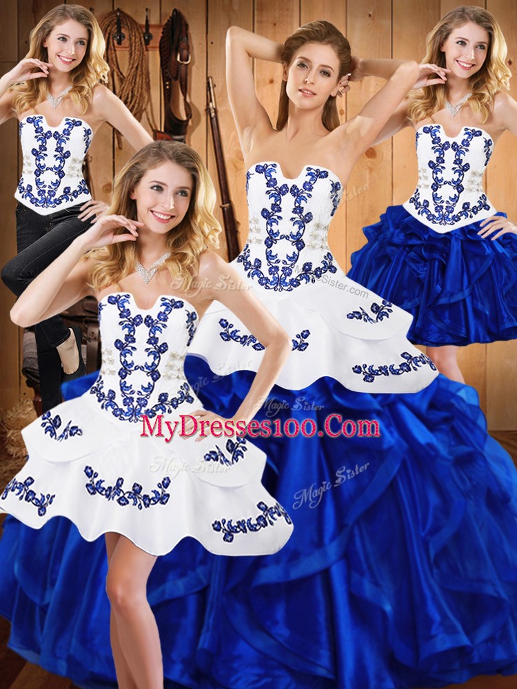 Edgy Blue Lace Up Strapless Embroidery and Ruffles 15th Birthday Dress Satin and Organza Sleeveless