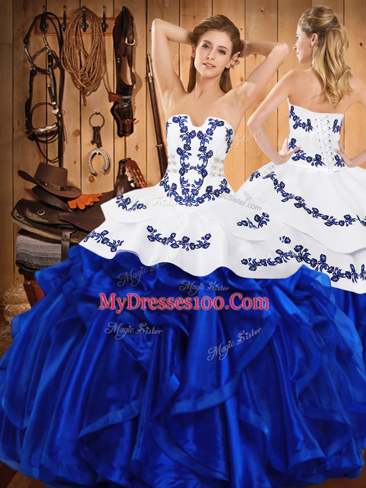 Edgy Blue Lace Up Strapless Embroidery and Ruffles 15th Birthday Dress Satin and Organza Sleeveless